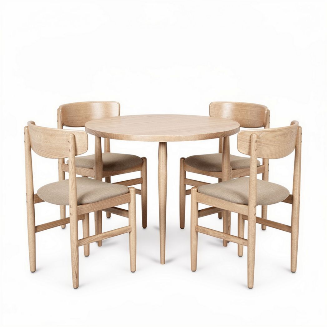 Table ronde en bois avec quatre chaises rembourrées en lin naturel 110 x 110 x 75cm