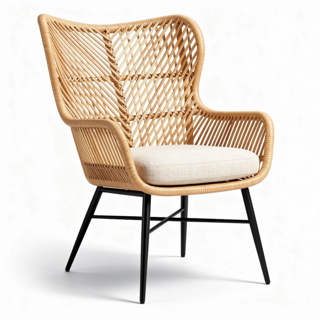 Chaise en rotin tressé avec coussin en tissu et pieds en métal 80 x 70 x 90cm