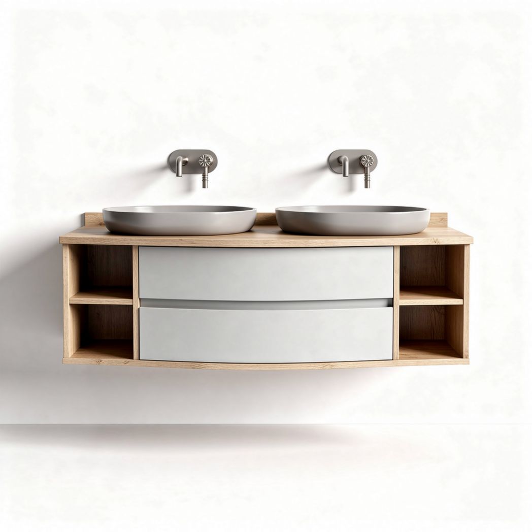 Meuble de salle de bains double vasque en bois fini naturel 120 x 50 x 20cm