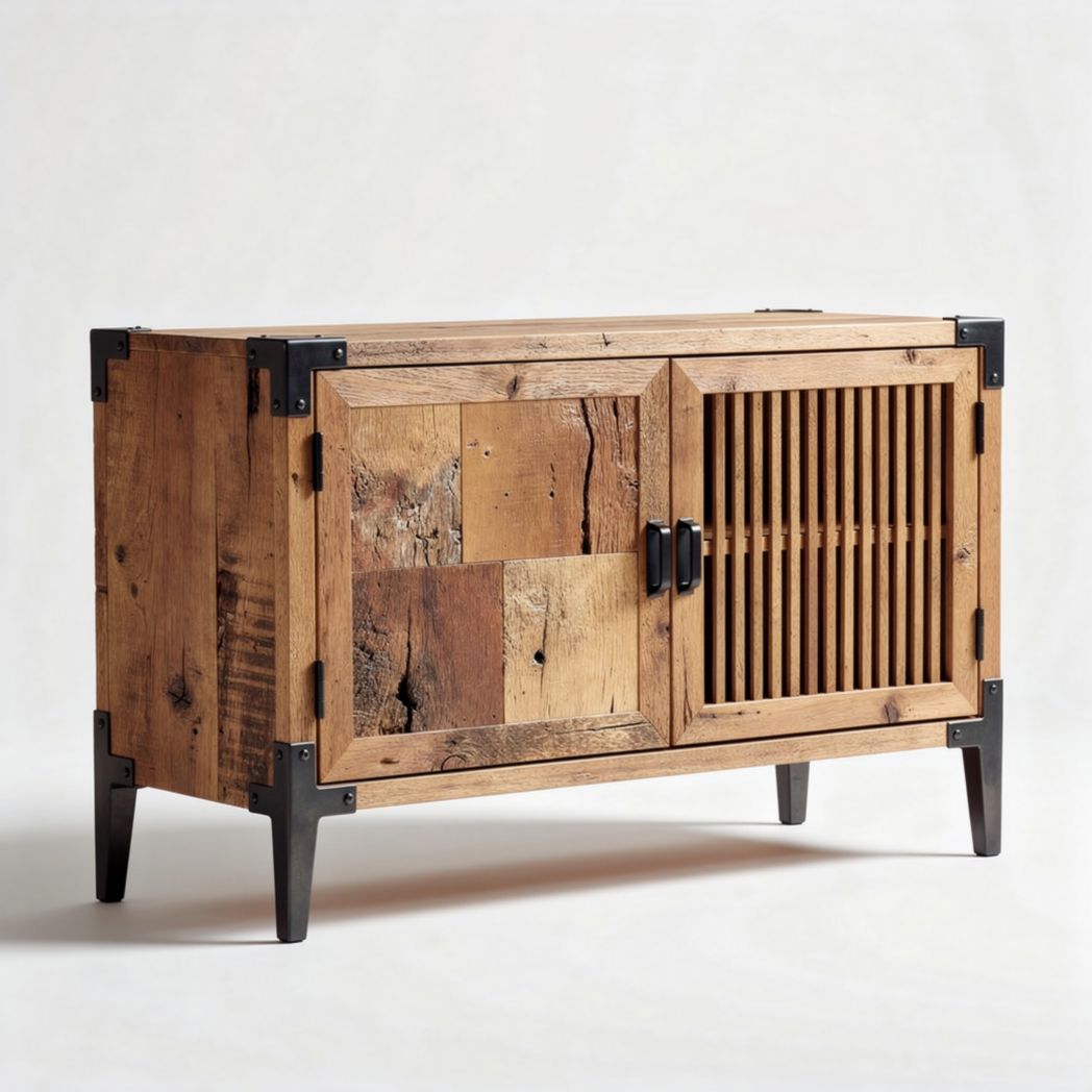 Meuble de rangement en bois recyclé avec portes en métal 90 x 40 x 55cm