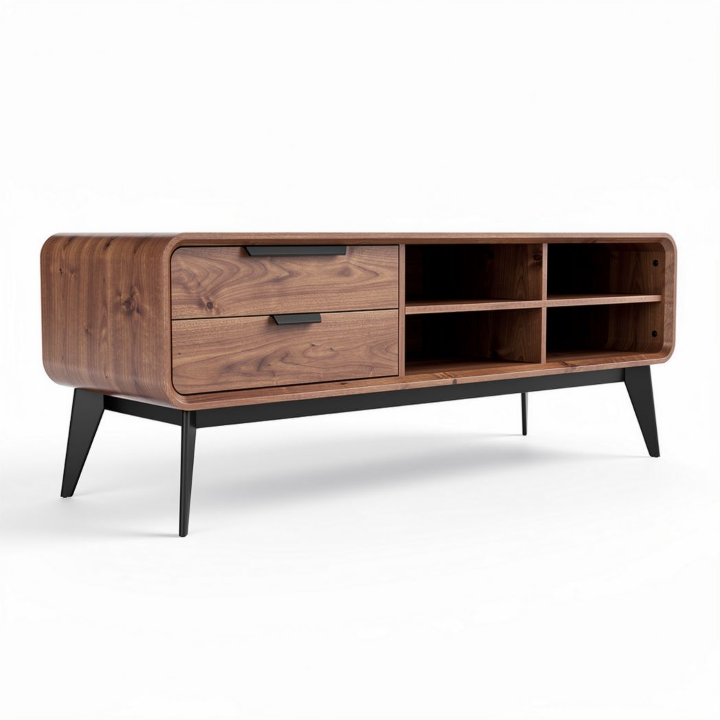 Meuble TV en bois de noyer avec rangement ouvert et tiroirs 150 x 40 x 50cm