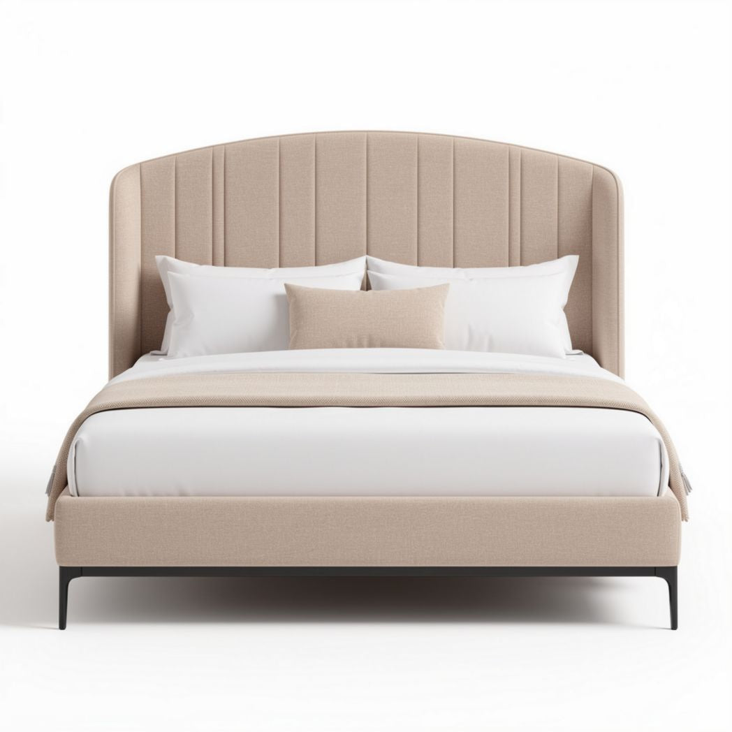 Lit en tissu beige avec tête de lit rembourrée 200 x 160 x 100cm