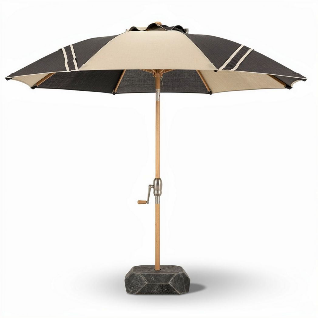 Parasol en bois avec base en béton dimensions 150 x 150 x 250cm couleur beige et noir